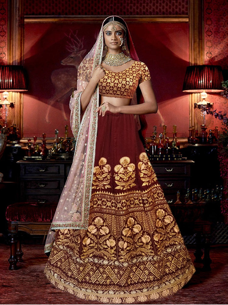 Sabhyasachi style Maroon Velvet Lehenga ...